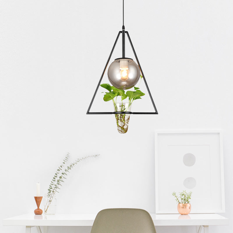 Smoke Gray Glass Orb Pendant Warehouse 1 Bulb Bedroom Hanging Light in Black/Grey/Gold with Triangle Frame and Plant Pot