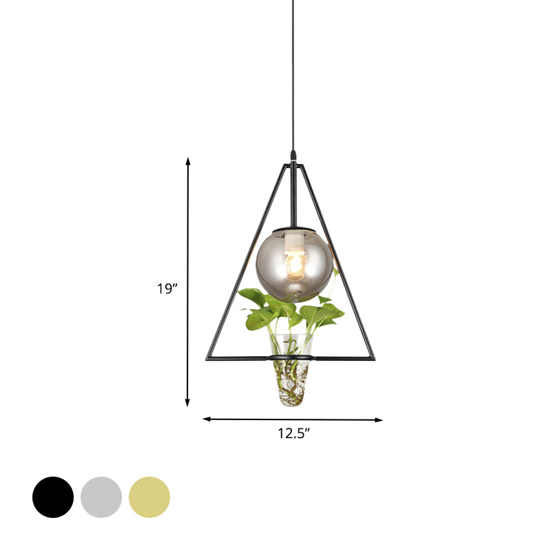 Smoke Gray Glass Orb Pendant Warehouse 1 Bulb Bedroom Hanging Light in Black/Grey/Gold with Triangle Frame and Plant Pot