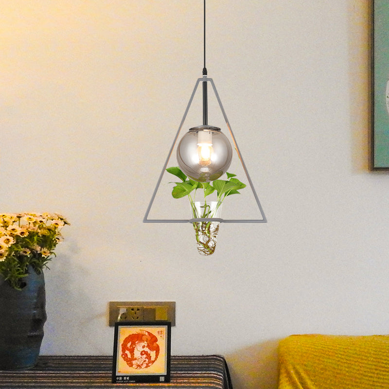 Smoke Gray Glass Orb Pendant Warehouse 1 Bulb Bedroom Hanging Light in Black/Grey/Gold with Triangle Frame and Plant Pot