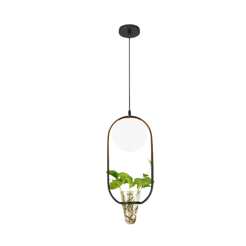 Opal Glass Globe Pendant Light Loft 1 Head Living Room Hanging Lamp in Black/Grey/Gold with Oblong Cage and Plant Cup