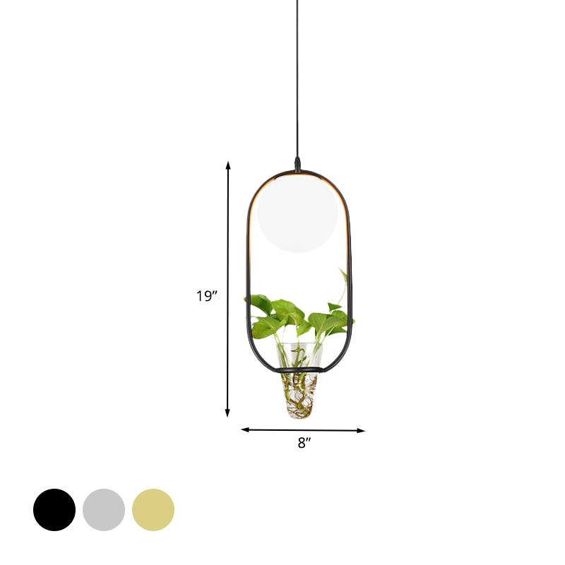 Opal Glass Globe Anhänger Leichter Loft 1 Kopf Wohnzimmer Hanging Lampe in Schwarz/Grau/Gold mit länglichem Käfig und Pflanzenbecher