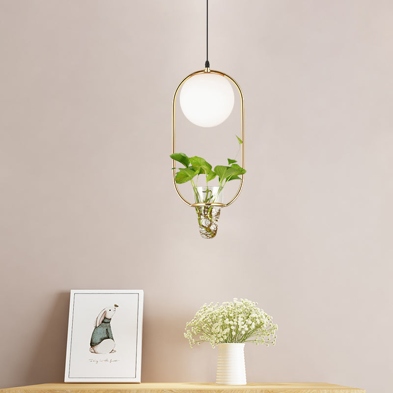 Opal Glass Globe Pendant Light Loft 1 Head Living Room Hanging Lamp in Black/Grey/Gold with Oblong Cage and Plant Cup