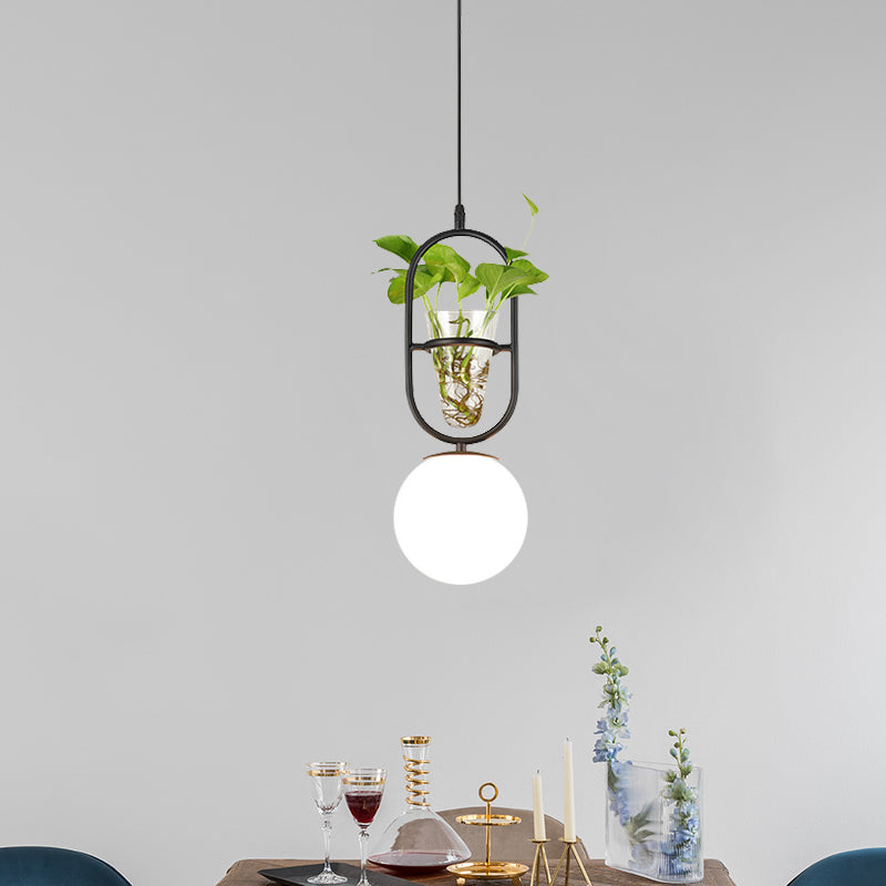 Factory Sphere Hanging Pendant 1 Head White Glass Ceiling Light in Black/Grey/Gold with Round/Oval Cage and Plant Cup