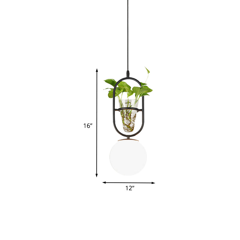 Factory bol hangende hanger 1 kop wit glas plafondlicht in zwart/grijs/goud met ronde/ovale kooi en plantenbeker