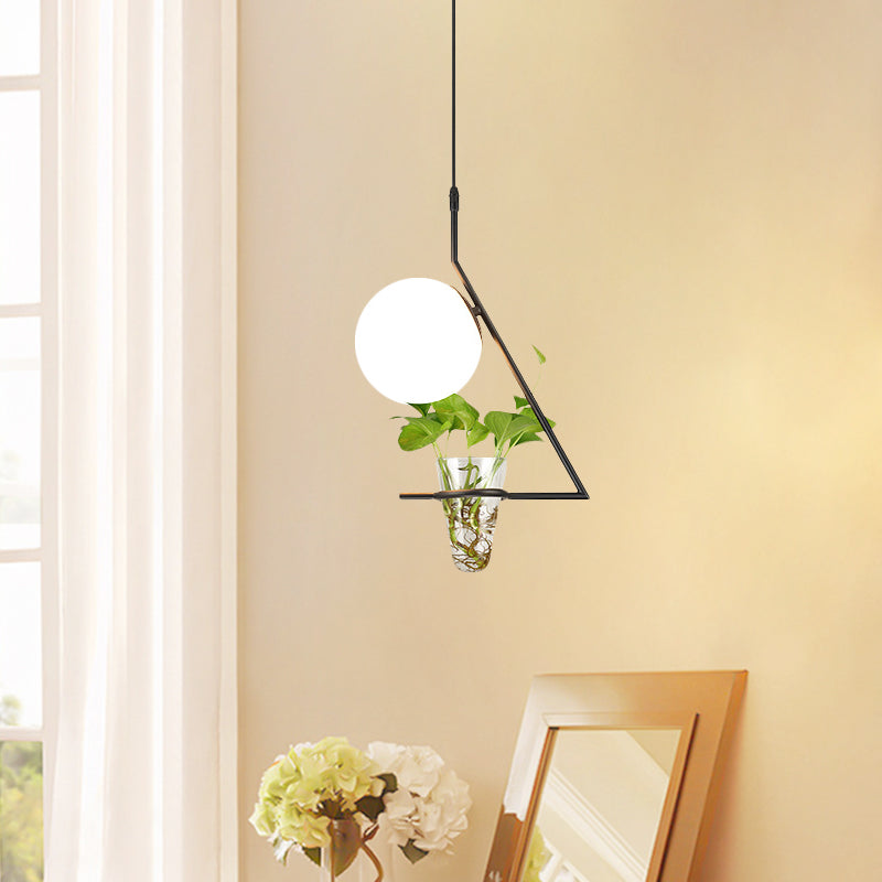 Farmhouse Ball Suspension Pendant 1 Head Milk Glass Hanging Light Fixture in Black/Grey/Gold with Plant Cup