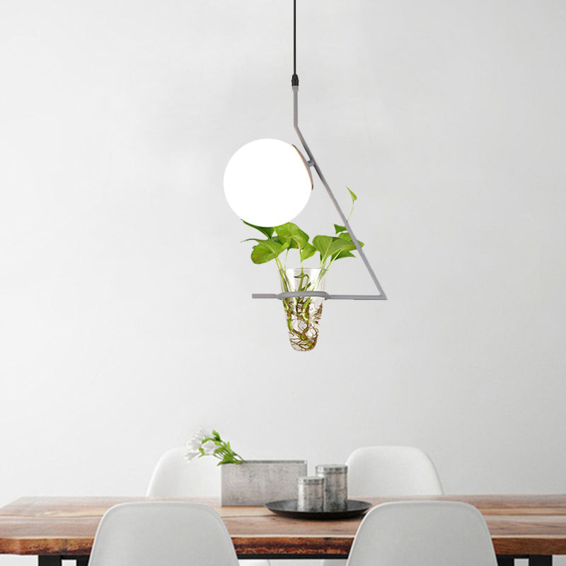 Farmhouse Ball Suspension Pendant 1 Head Milk Glass Hanging Light Fixture in Black/Grey/Gold with Plant Cup