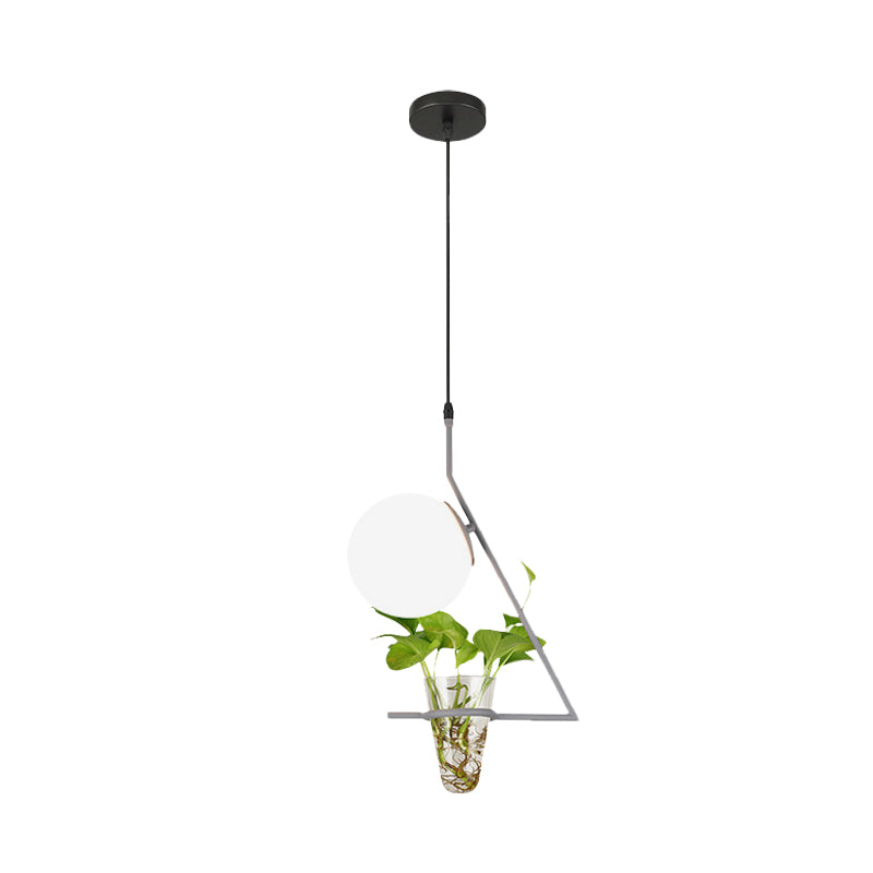 Farmhouse Ball Suspension Pendant 1 Head Milk Glass Hanging Light Fixture in Black/Grey/Gold with Plant Cup