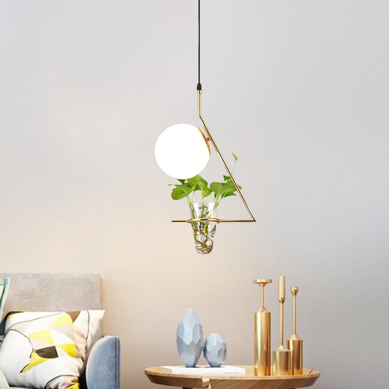 Farmhouse Ball Suspension Pendant 1 Head Milk Glass Hanging Light Fixture in Black/Grey/Gold with Plant Cup