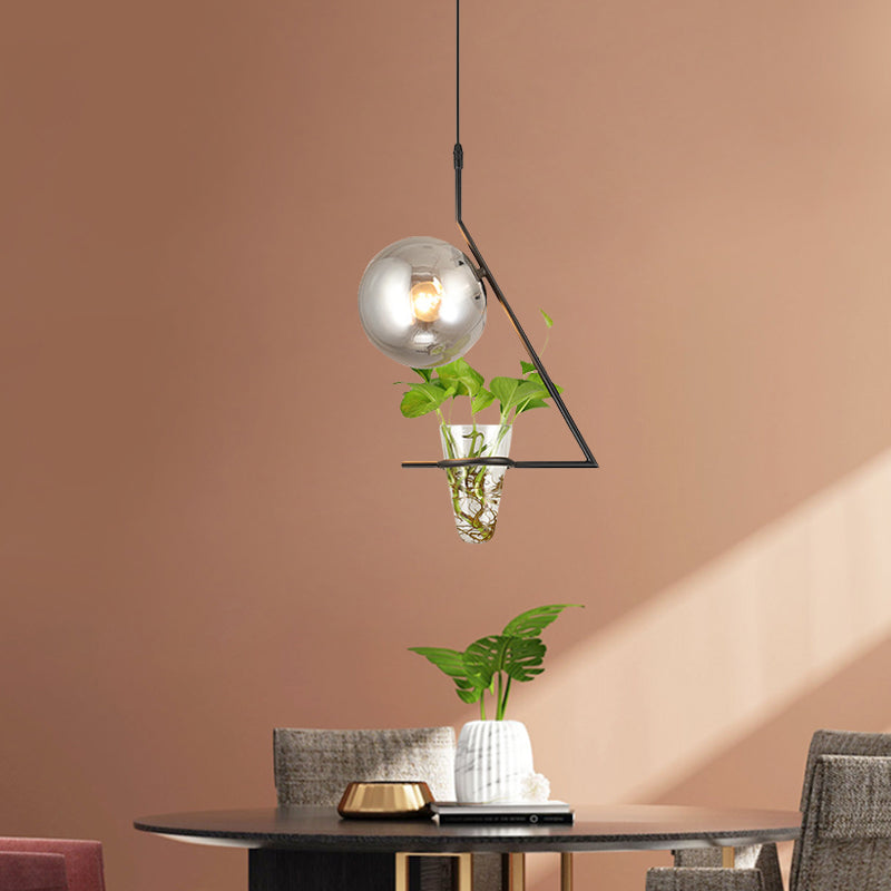 Sphere Bedroom Suspension Light Industrial Smoke Gray Glass 1 Light Black/Grey/Gold Ceiling Lamp with Plant Cup