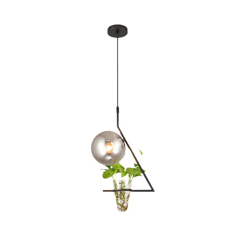 Sphere Bedroom Suspension Light Industrial Smoke Gray Glass 1 Light Black/Grey/Gold Ceiling Lamp with Plant Cup