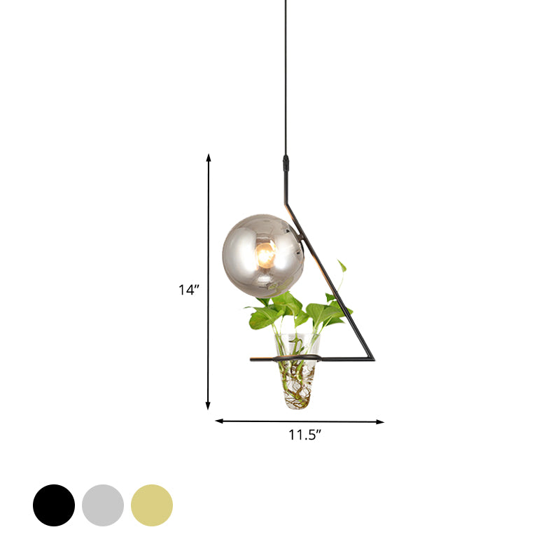 Sphere Bedroom Suspension Light Industrial Smoke Gray Glass 1 Light Black/Grey/Gold Ceiling Lamp with Plant Cup