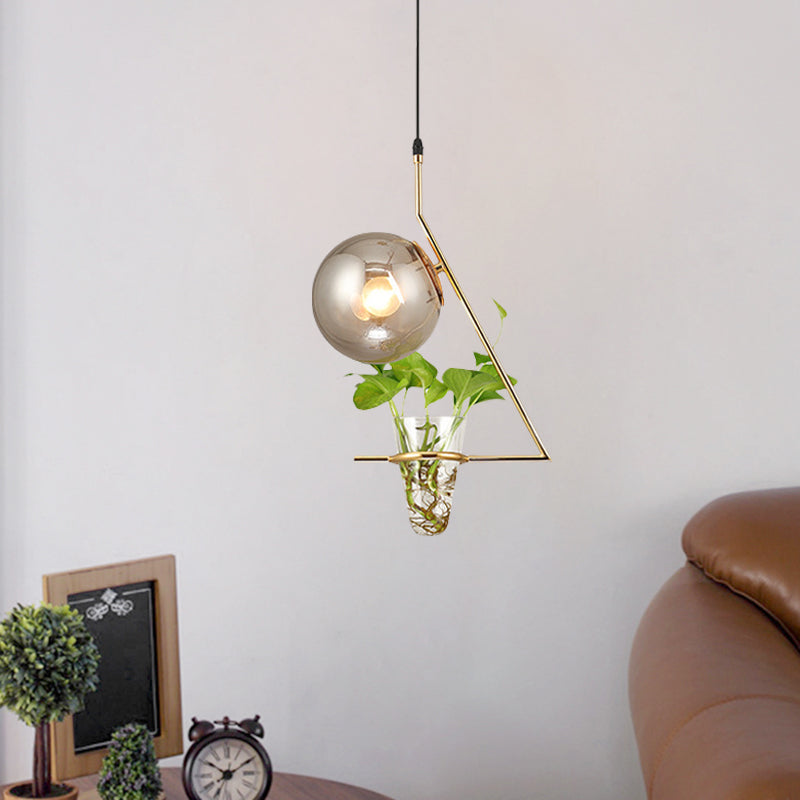 Sphere Bedroom Suspension Light Industrial Smoke Gray Glass 1 Light Black/Grey/Gold Ceiling Lamp with Plant Cup