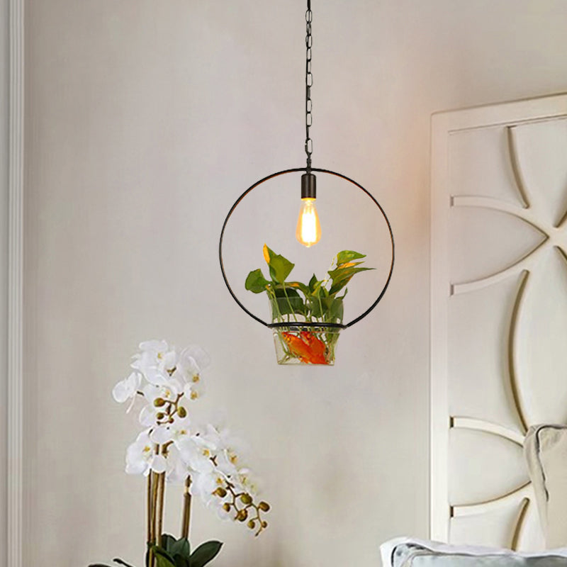 Zwart 1-head Down Lighting Retro Iron Square/Round/Gourd plafond hanger licht met ingemaakte plant voor restaurant