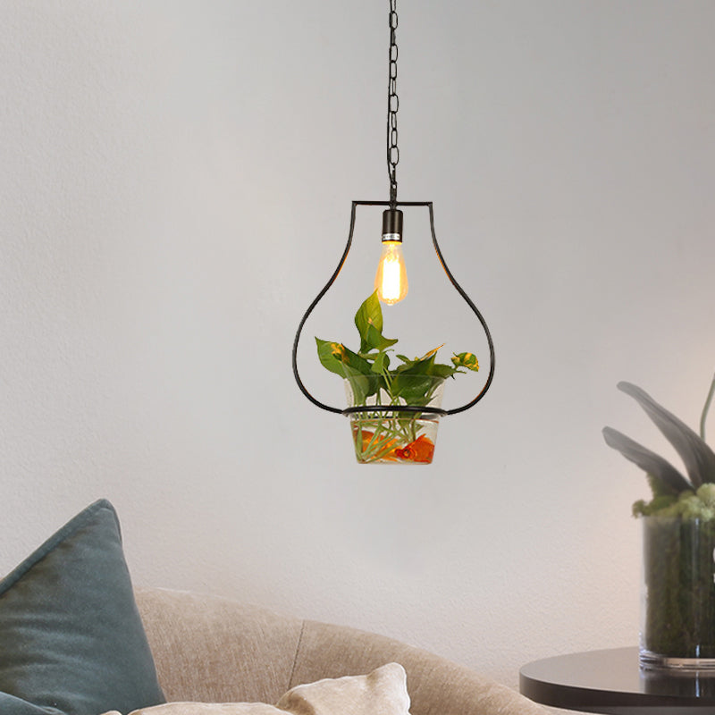 Black 1-Head Down Lighting Retro Iron Square/Round/Gourd Ceiling Pendant Light with Potted Plant for Restaurant