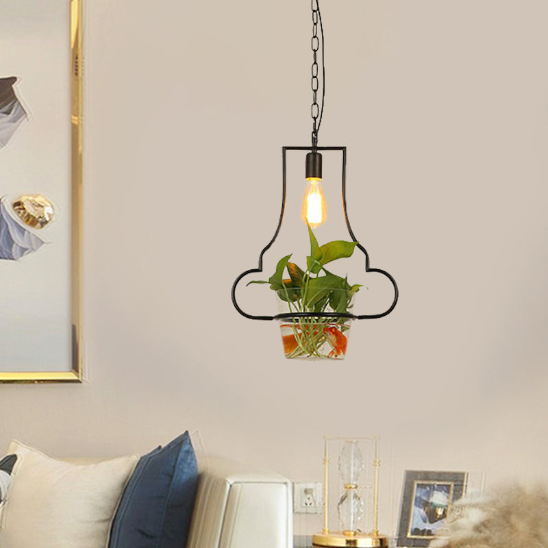 Black 1-Head Down Lighting Retro Iron Square/Round/Gourd Ceiling Pendant Light with Potted Plant for Restaurant