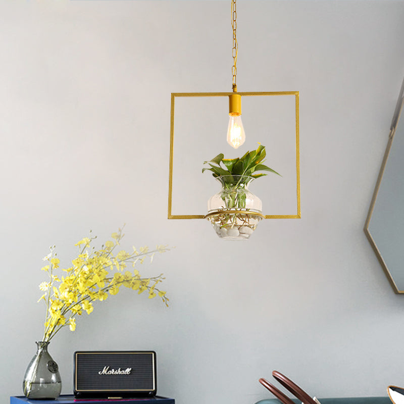 Vintage Square/Round/Gourd Pendant 1 Bulb Iron Down Lighting in Gold with Potted Plant for Living Room