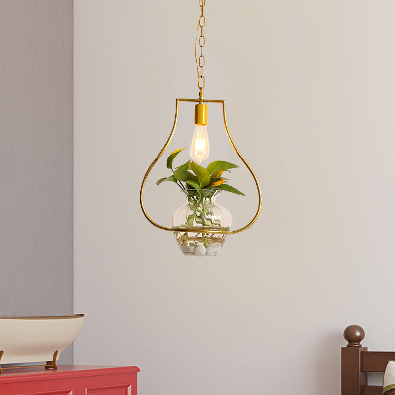 Vintage Square/Round/Gourd Pendant 1 Bulb Iron Down Lighting in Gold with Potted Plant for Living Room