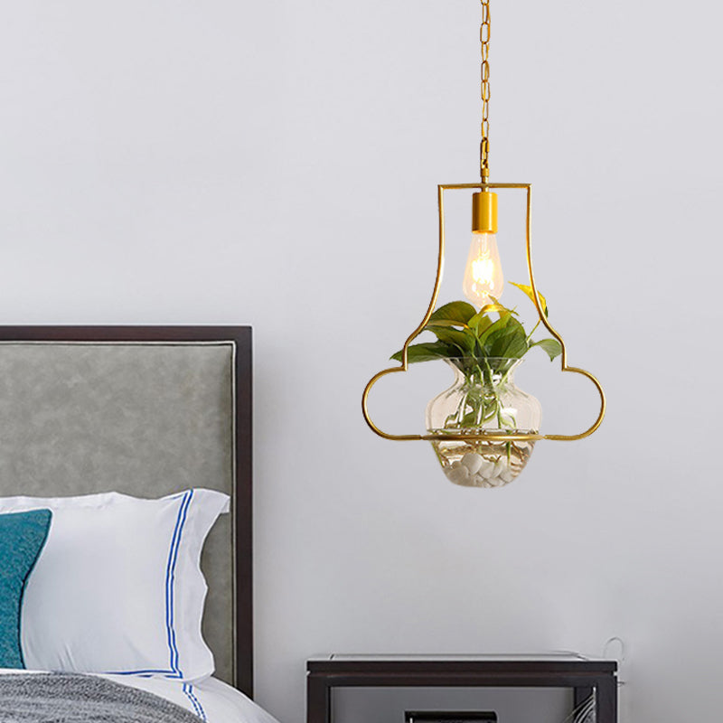 Vintage Square/Round/Gourd Pendant 1 Bulb Iron Down Lighting in Gold with Potted Plant for Living Room