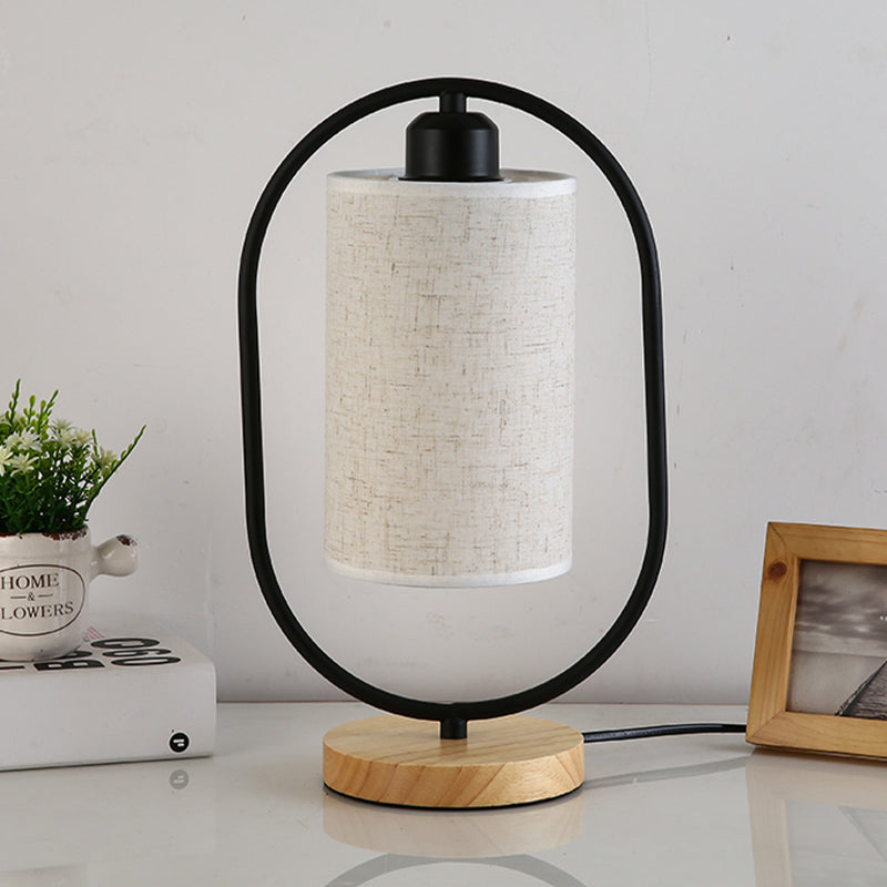 Column Plug In Nightstand Lighting Modern Fabric 1-Light Bedside Table Light with Black/White Ellipse Frame and Wood Base