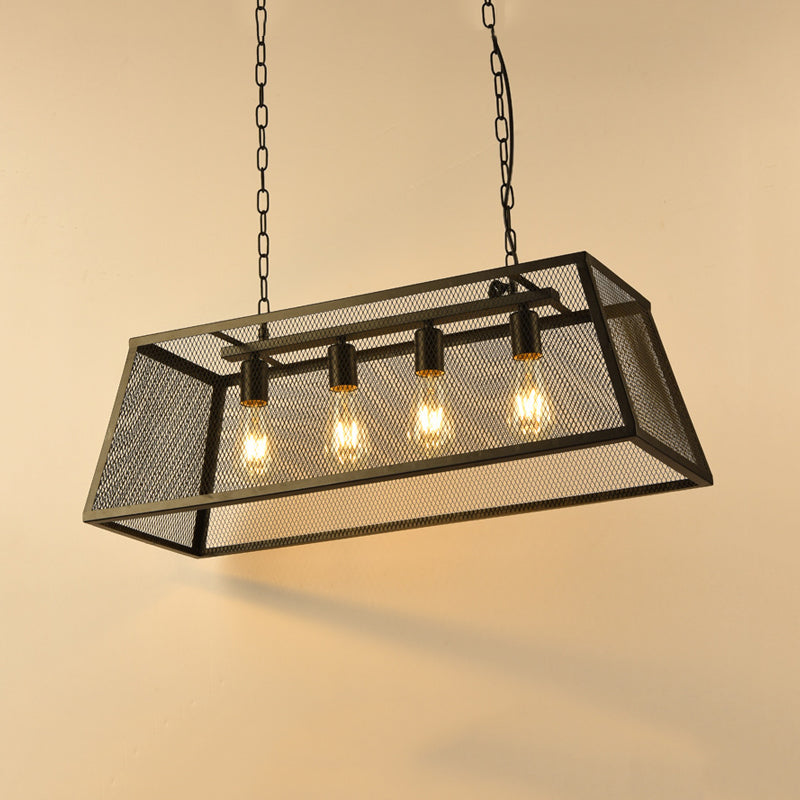 Black 4 Lights Island Lamp Industrial Iron Trapezoid Wire Mesh Suspension Pendant Light for Dining Room