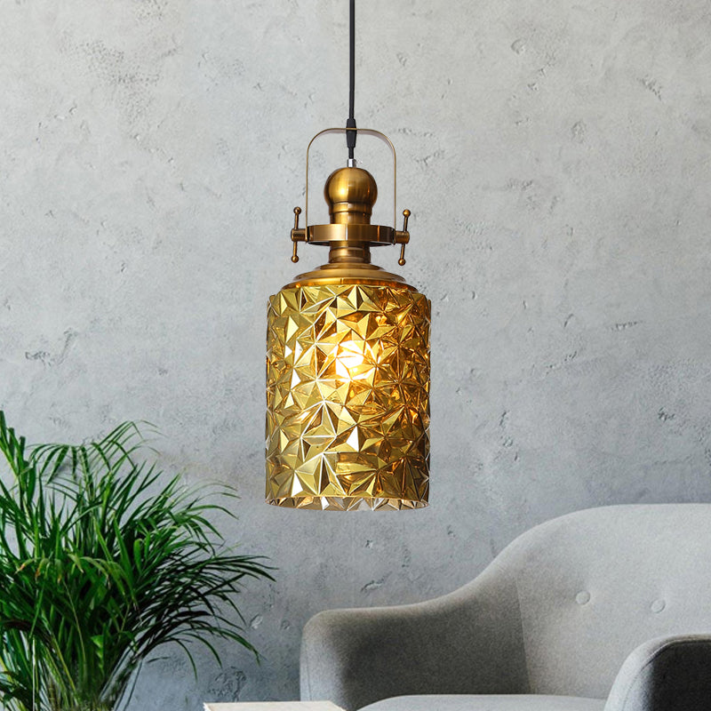 Loft Cylindrical Ceiling Hang Fixture 1 Bulb Rust/Chrome/Gold Textured Glass Pendant Lighting for Restaurant