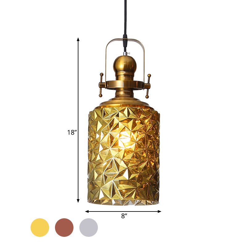 Loft Cylindrical Ceiling Hang Fixture 1 Bulb Rust/Chrome/Gold Textured Glass Pendant Lighting for Restaurant