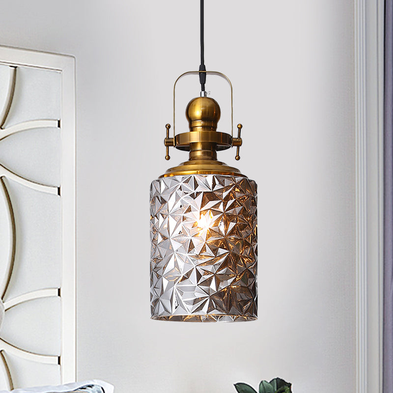 Loft Cylindrical Ceiling Hang Fixture 1 Bulb Rust/Chrome/Gold Textured Glass Pendant Lighting for Restaurant