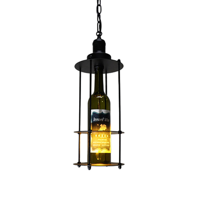 Vintage Wine Bottle Drop Pendant 1 Bulb Black Glass Hanging Lamp in Black with Wire Cage