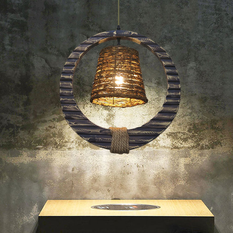 Antique Cone Suspension Pendant Light 1 Bulb Rattan Hanging Lamp in Black with Hemp Rope and Round Wood