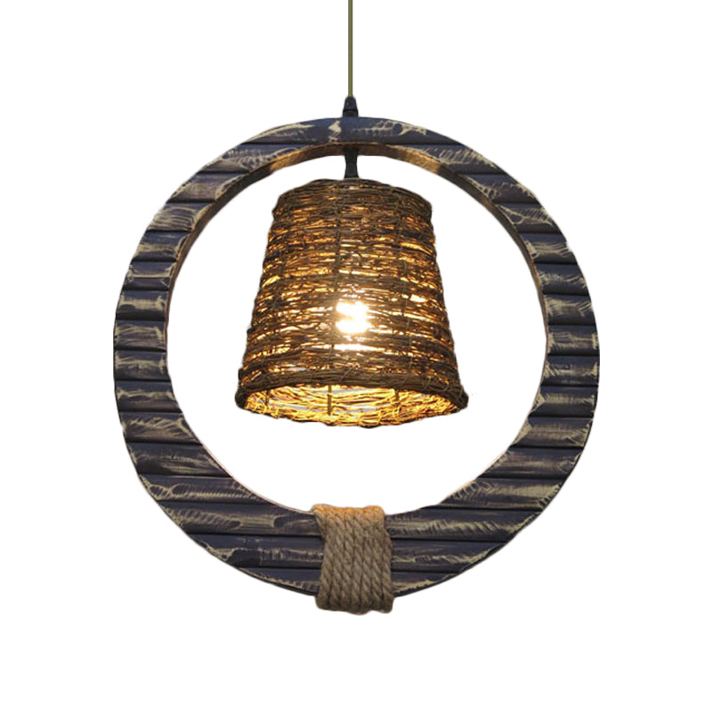 Antique Cone Suspension Pendant Light 1 Bulb Rattan Hanging Lamp in Black with Hemp Rope and Round Wood