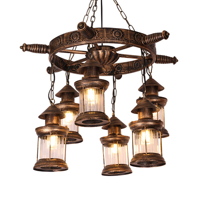 Nautical Lantern Chandelier Light Fixture 6 Heads Clear Glass Pendant Lamp in Brown with Rudder Decor