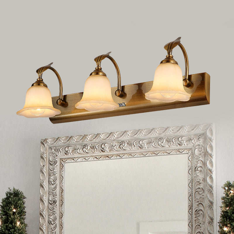 Cream Glass Bloom Bar Light Colonial 1/2/3-Head Bathroom Vanity Lighting Fixture in Gold with Leaf Decor