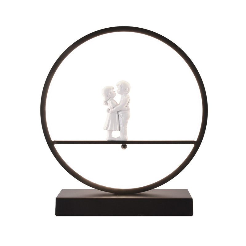 Black/White Hoop Nightstand Light Simple Romantic Acrylic Table Lamp in Warm/White Light with Lover Statuette