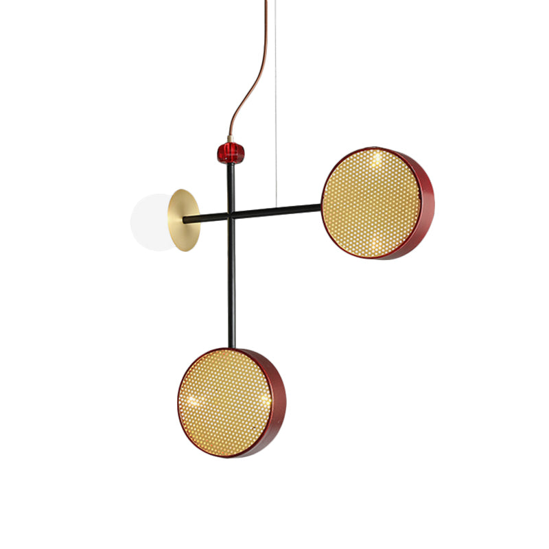 Modern Vogue Cross Chandelier Metal 5-Light Living Room Pendant Lamp in Red with Ball Glass Shade and Mesh Screen