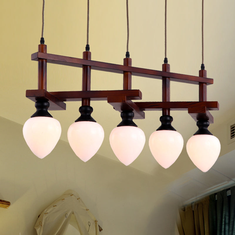 Brown 5 Heads Cluster Pendant Light Retro Opal Glass Pear Suspension Lamp with Linear Wooden Canopy