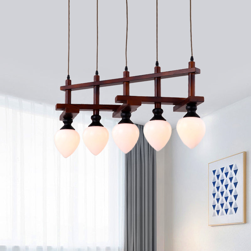 Brown 5 Heads Cluster Pendant Light Retro Opal Glass Pear Suspension Lamp with Linear Wooden Canopy