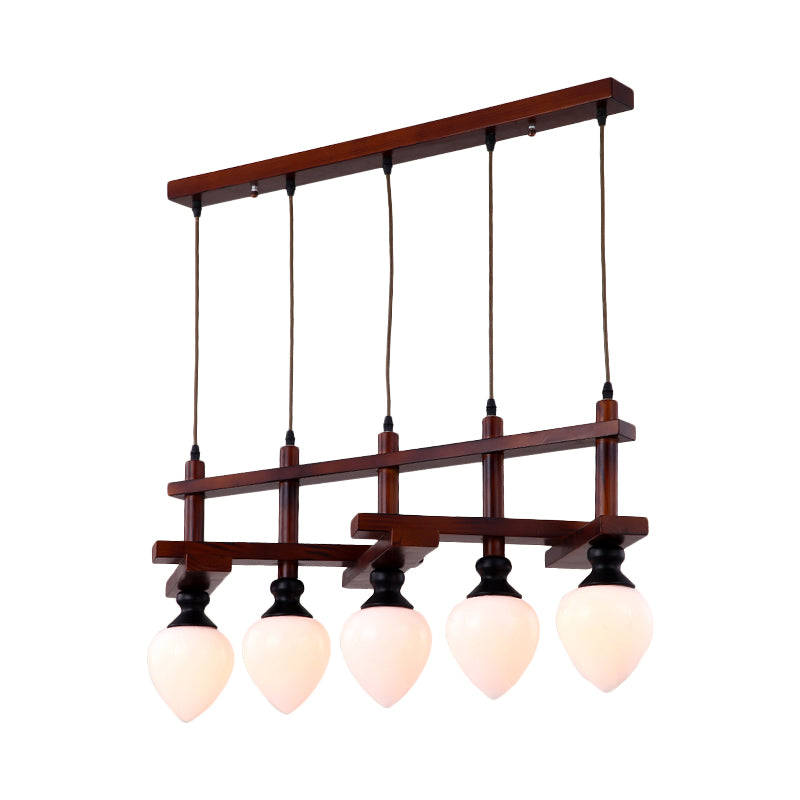 Brown 5 Heads Cluster Pendant Light Retro Opal Glass Pear Suspension Lamp with Linear Wooden Canopy