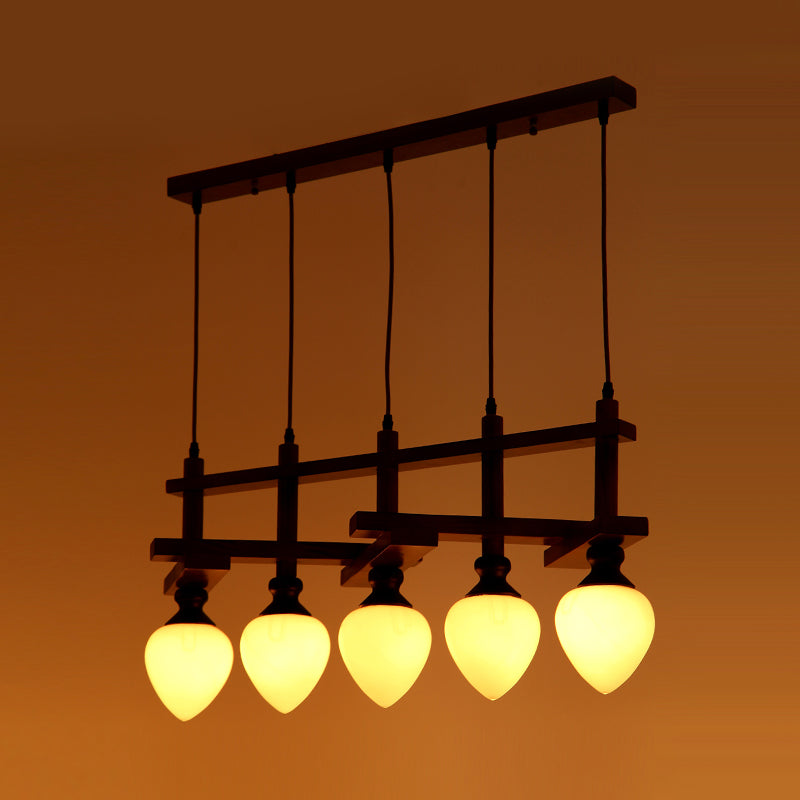 Brown 5 Heads Cluster Pendant Light Retro Opal Glass Pear Suspension Lamp with Linear Wooden Canopy