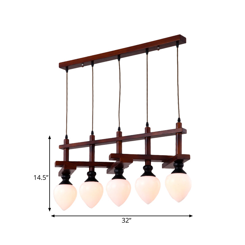 Brown 5 Heads Cluster Pendant Light Retro Opal Glass Pear Suspension Lamp with Linear Wooden Canopy