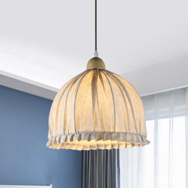 14"/16" W Bowl Fabric Suspended Lighting Fixture Retro 1 Light Dining Room Pendant in Cream Gray with Wooden Top