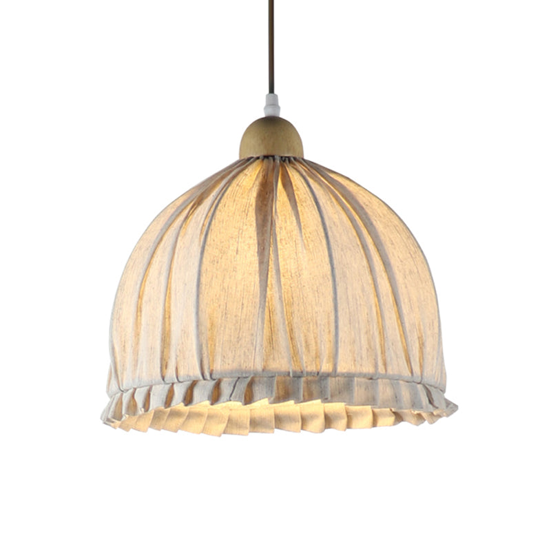 14"/16" W Bowl Fabric Suspended Lighting Fixture Retro 1 Light Dining Room Pendant in Cream Gray with Wooden Top