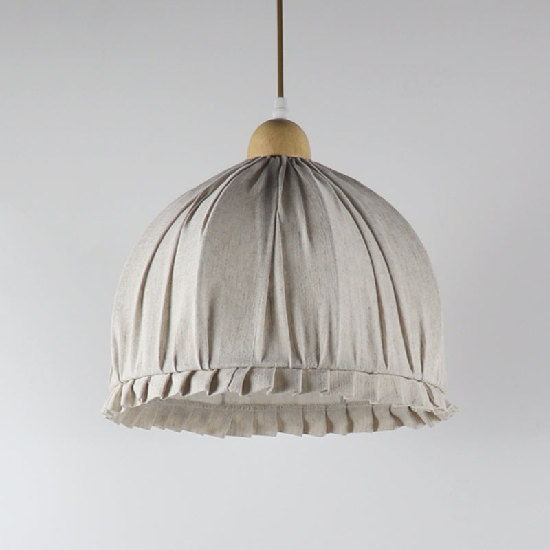 14"/16" W Bowl Fabric Suspended Lighting Fixture Retro 1 Light Dining Room Pendant in Cream Gray with Wooden Top