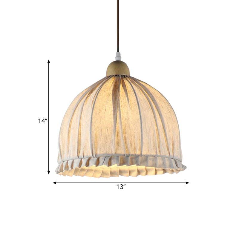 14"/16" W Bowl Fabric Suspended Lighting Fixture Retro 1 Light Dining Room Pendant in Cream Gray with Wooden Top