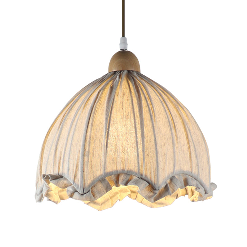 Cream Gray Scalloped Ceiling Pendant Traditional Fabric 1 Bulb Restaurant Hanging Light Fixture, 14"/16" Wide