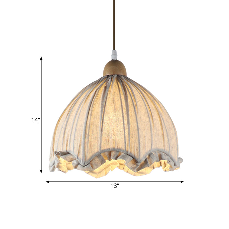 Cream Gray Scalloped Ceiling Pendant Traditional Fabric 1 Bulb Restaurant Hanging Light Fixture, 14"/16" Wide