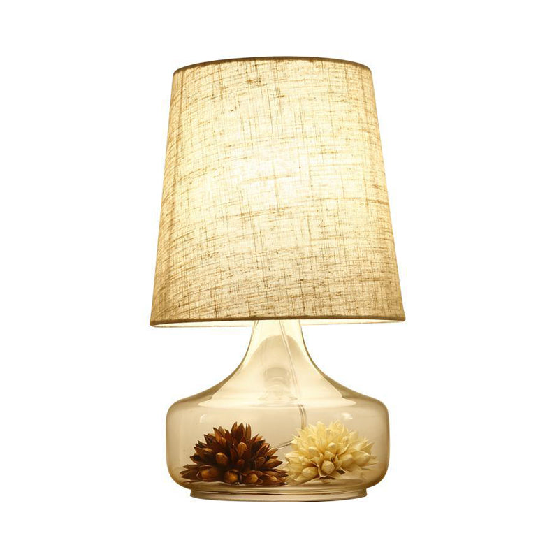 1-Head Fabric Desk Lighting Pastoral Cream Gray Tapered Bedroom Night Light with Clear Glass Base and Flower