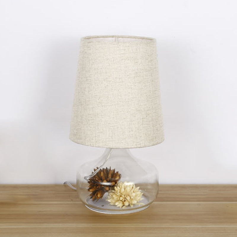 1-Head Fabric Desk Lighting Pastoral Cream Gray Tapered Bedroom Night Light with Clear Glass Base and Flower