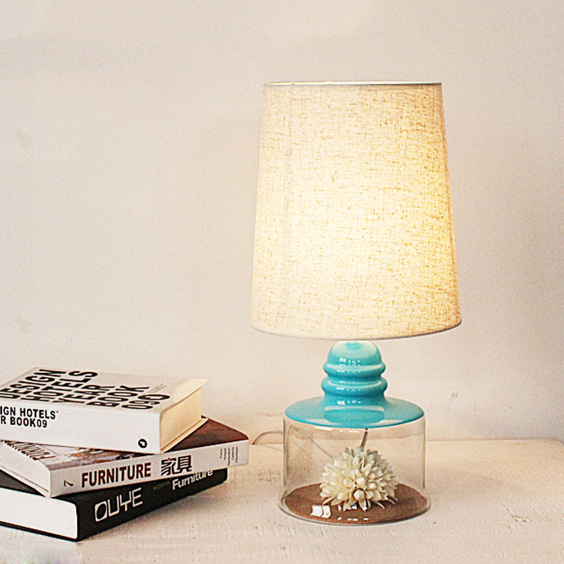 Pastoral Bucket Table Lamp 1-Bulb Fabric Night Light in Clear/Blue/Black with Dried Flower and Glass Base