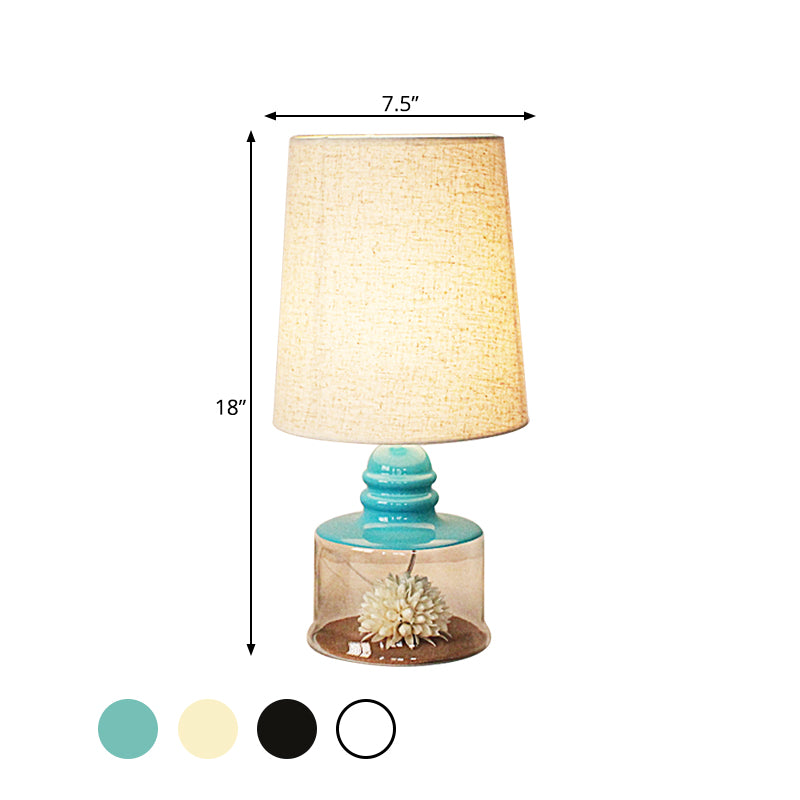 Pastoral Bucket Table Lamp 1-Bulb Fabric Night Light in Clear/Blue/Black with Dried Flower and Glass Base