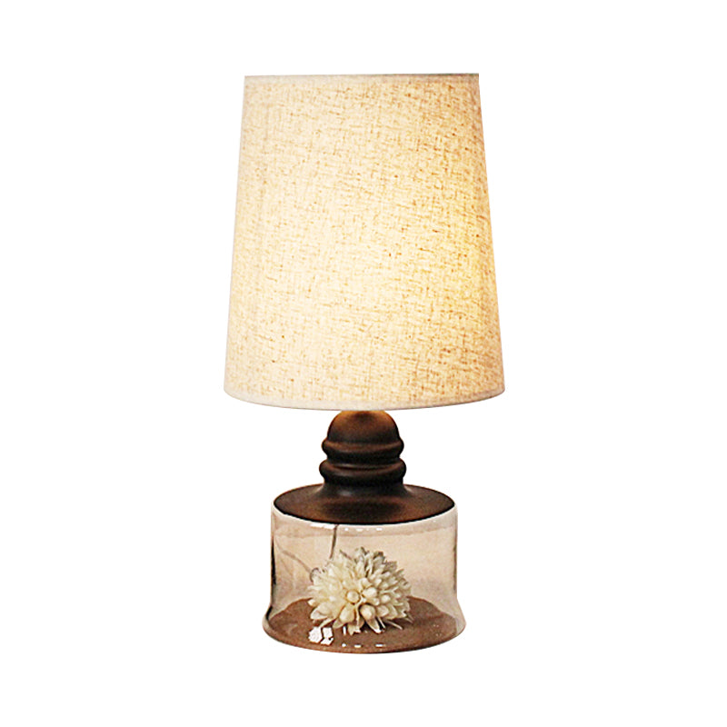 Pastoral Bucket Table Lamp 1-Bulb Fabric Night Light in Clear/Blue/Black with Dried Flower and Glass Base